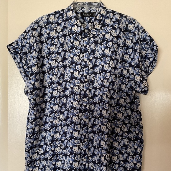 NWT POLO RALPH LAUREN BLUE MULTI FLORAL LINEN CUFFED DOLMAN SLEEVE BUTTON DOWN - Picture 1 of 15